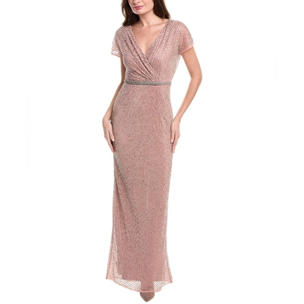 Mac Duggal 93787 Lattice Beaded Short Sleeve Dress Rose Pink